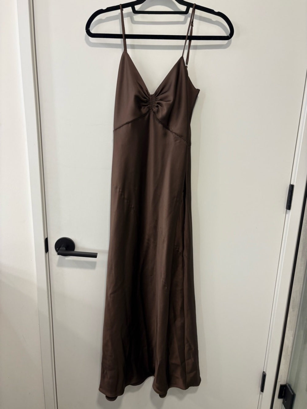 Zara Chocolate Brown Satin Maxi Slip Dress with Twist Front